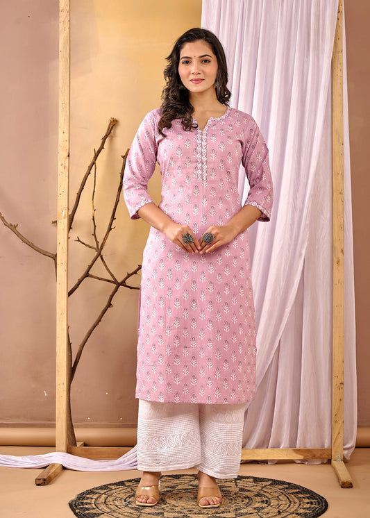 Women Mauve Printed Straight Kurta with Three Quarter Sleeves | LASVINI - Redefining Indian Fashion with Elegance