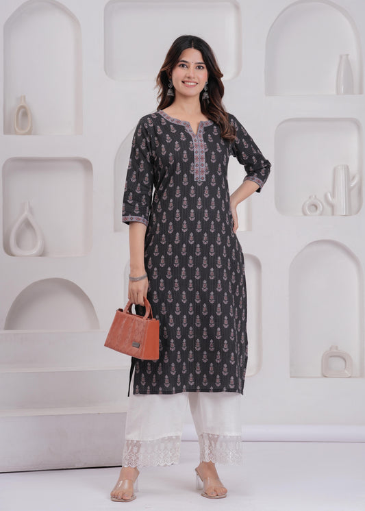 Women Black Printed Straight Kurta with Three Quarter Sleeves | LASVINI - Redefining Indian Fashion with Elegance