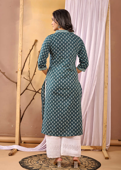 Women Green Printed Straight Kurta with Three Quarter Sleeves | LASVINI - Redefining Indian Fashion with Elegance
