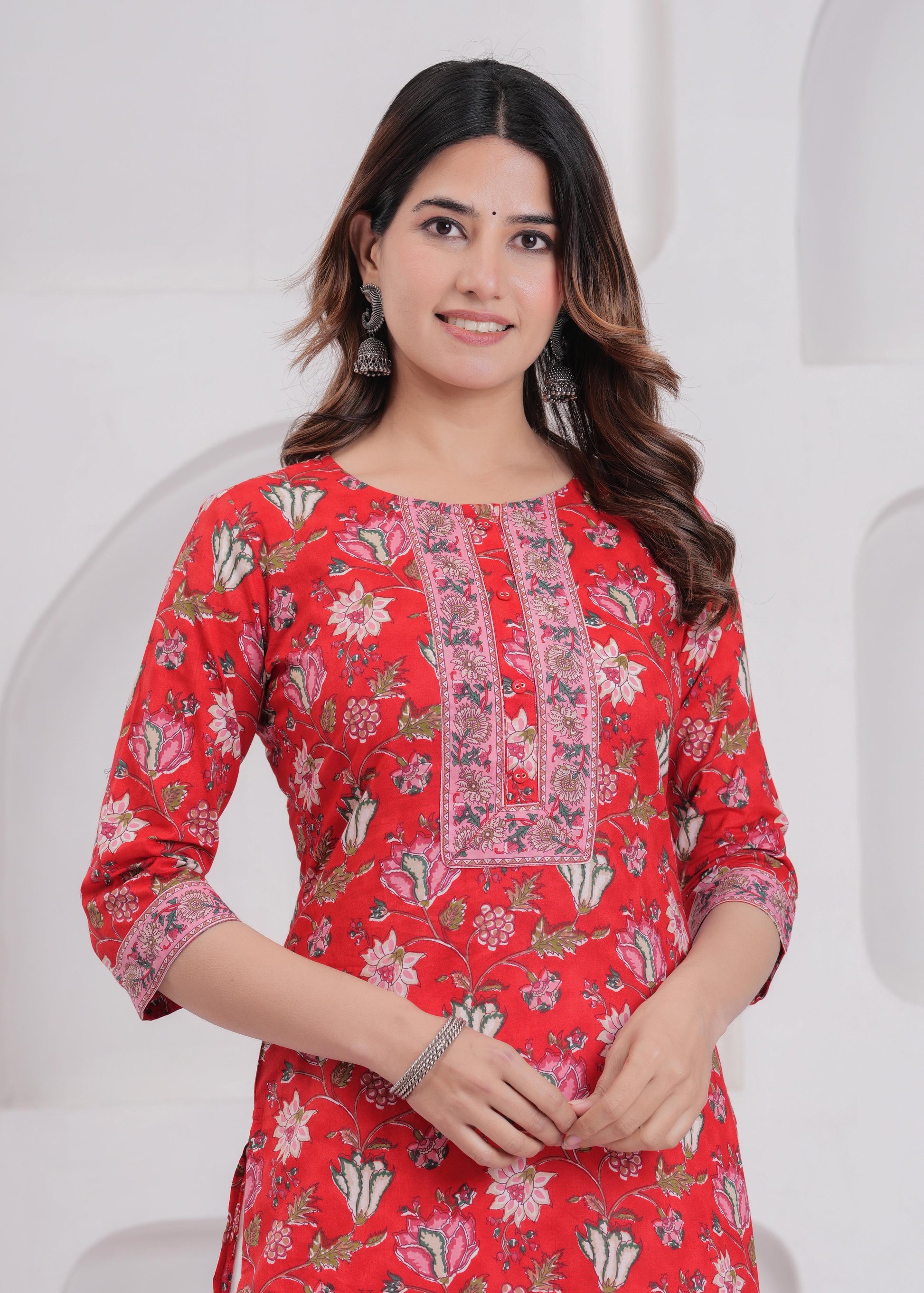 Women Red Printed Straight Kurta with Three Quarter Sleeves | LASVINI - Redefining Indian Fashion with Elegance