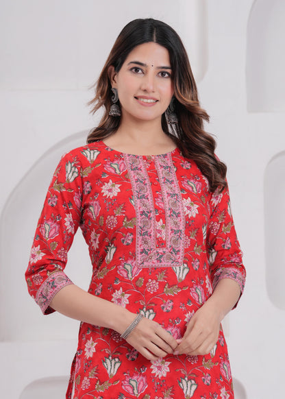 Women Red Printed Straight Kurta with Three Quarter Sleeves | LASVINI - Redefining Indian Fashion with Elegance