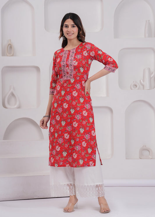 Women Red Printed Straight Kurta with Three Quarter Sleeves | LASVINI - Redefining Indian Fashion with Elegance