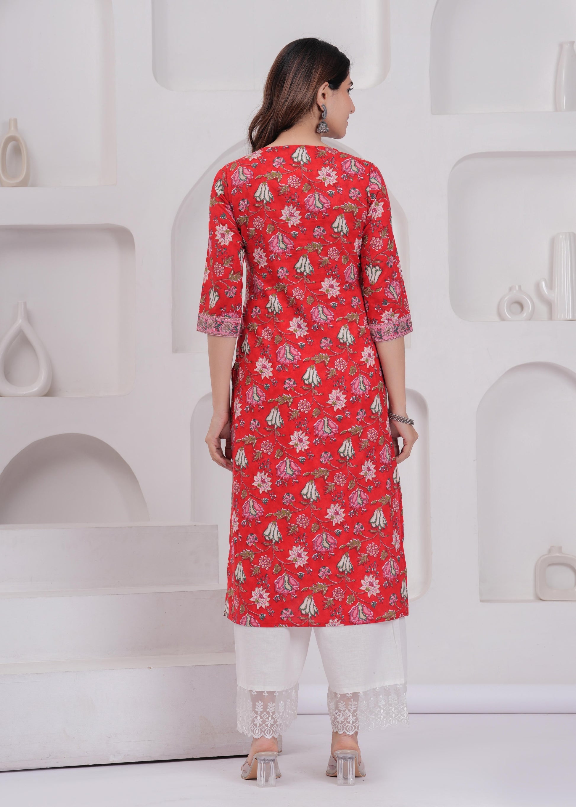 Women Red Printed Straight Kurta with Three Quarter Sleeves | LASVINI - Redefining Indian Fashion with Elegance