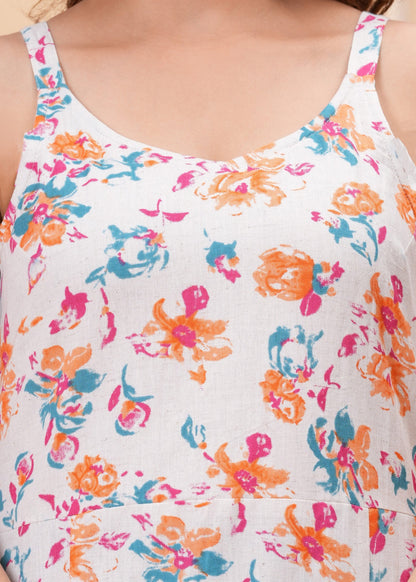 Off White Floral Printed Sleeveless Dress for Women | LASVINI - Redefining Indian Fashion with Elegance