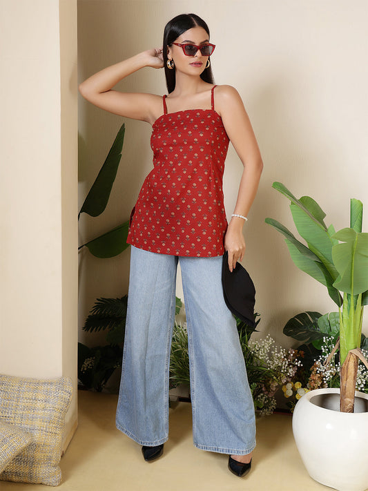 Women Maroon Printed Straight Tunic | LASVINI - Redefining Indian Fashion with Elegance