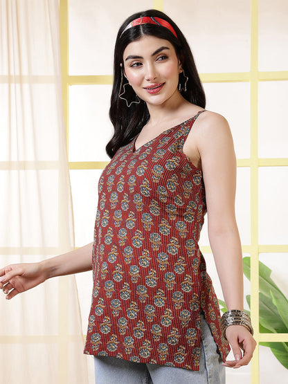 Women Maroon Printed Straight Tunic | LASVINI - Redefining Indian Fashion with Elegance
