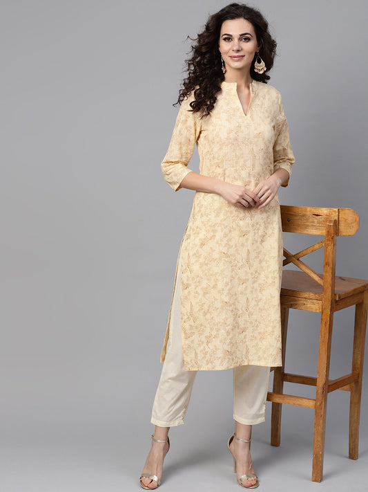 Cream & Gold Floral Printed Kurta Set With Solid Cream Pants | LASVINI - Redefining Indian Fashion with Elegance