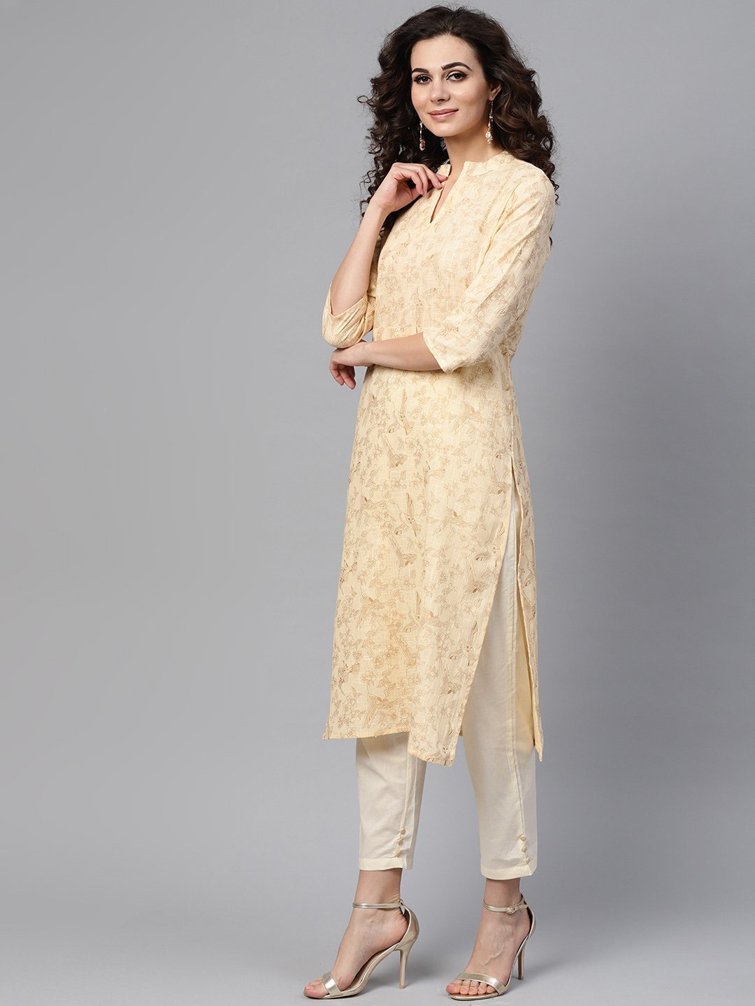 Cream & Gold Floral Printed Kurta Set With Solid Cream Pants | LASVINI - Redefining Indian Fashion with Elegance
