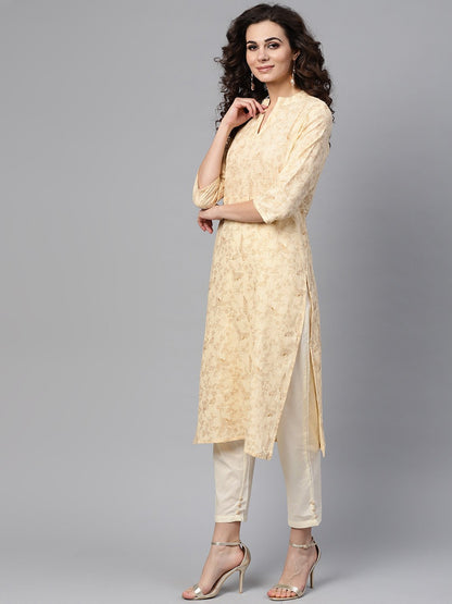 Cream & Gold Floral Printed Kurta Set With Solid Cream Pants | LASVINI - Redefining Indian Fashion with Elegance