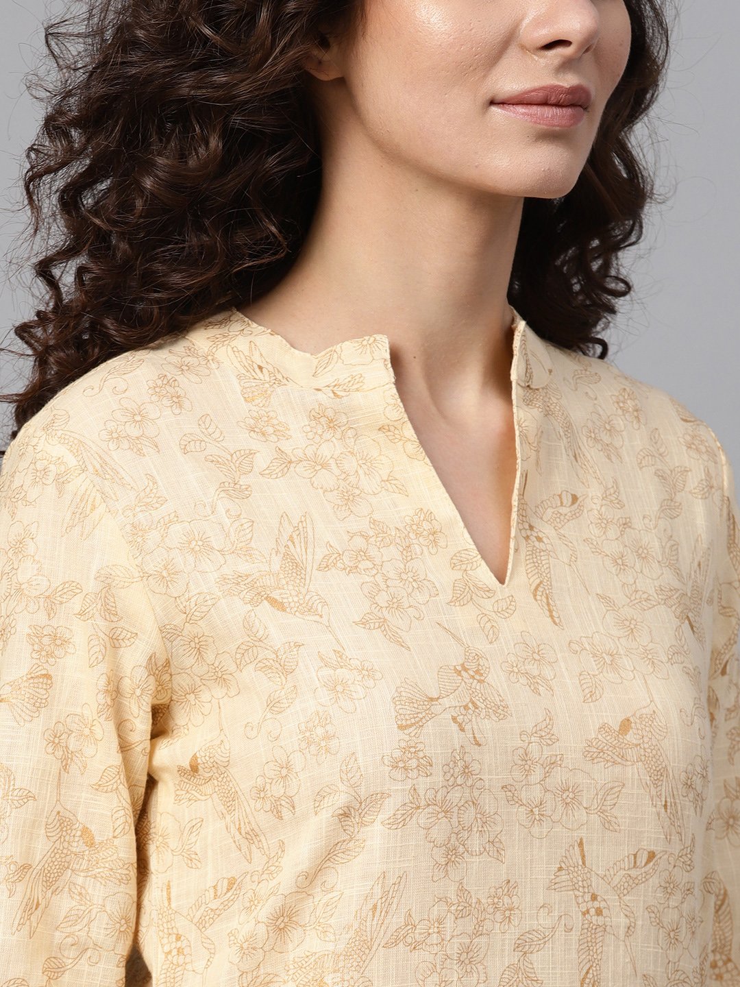 Cream & Gold Floral Printed Kurta Set With Solid Cream Pants | LASVINI - Redefining Indian Fashion with Elegance