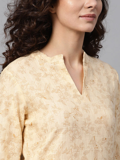 Cream & Gold Floral Printed Kurta Set With Solid Cream Pants | LASVINI - Redefining Indian Fashion with Elegance