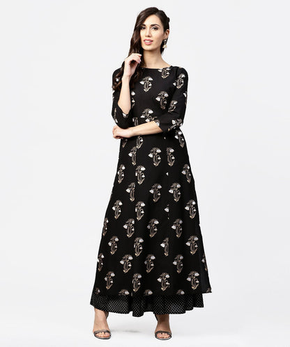 Black Printed 3/4Th Sleeve Cotton Kurta With Printed Skirt | LASVINI - Redefining Indian Fashion with Elegance
