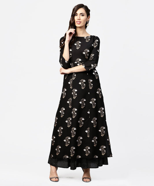Black Printed 3/4Th Sleeve Cotton Kurta With Printed Skirt | LASVINI - Redefining Indian Fashion with Elegance