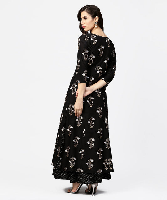 Black Printed 3/4Th Sleeve Cotton Kurta With Printed Skirt | LASVINI - Redefining Indian Fashion with Elegance