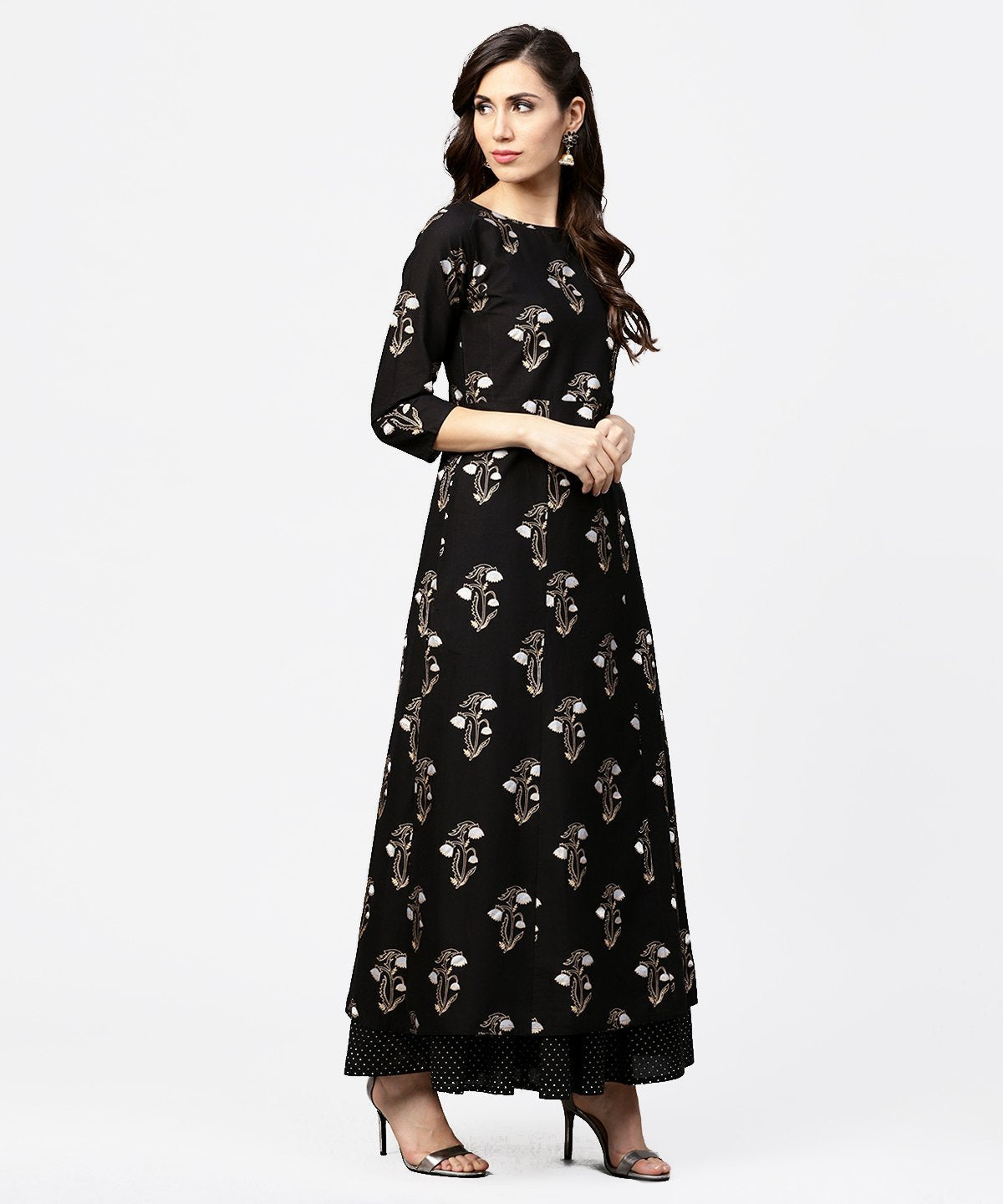 Black Printed 3/4Th Sleeve Cotton Kurta With Printed Skirt | LASVINI - Redefining Indian Fashion with Elegance