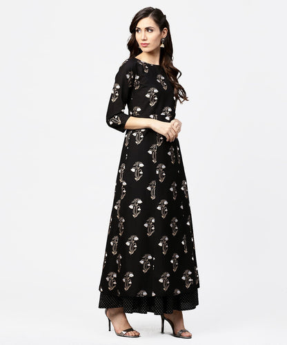 Black Printed 3/4Th Sleeve Cotton Kurta With Printed Skirt | LASVINI - Redefining Indian Fashion with Elegance