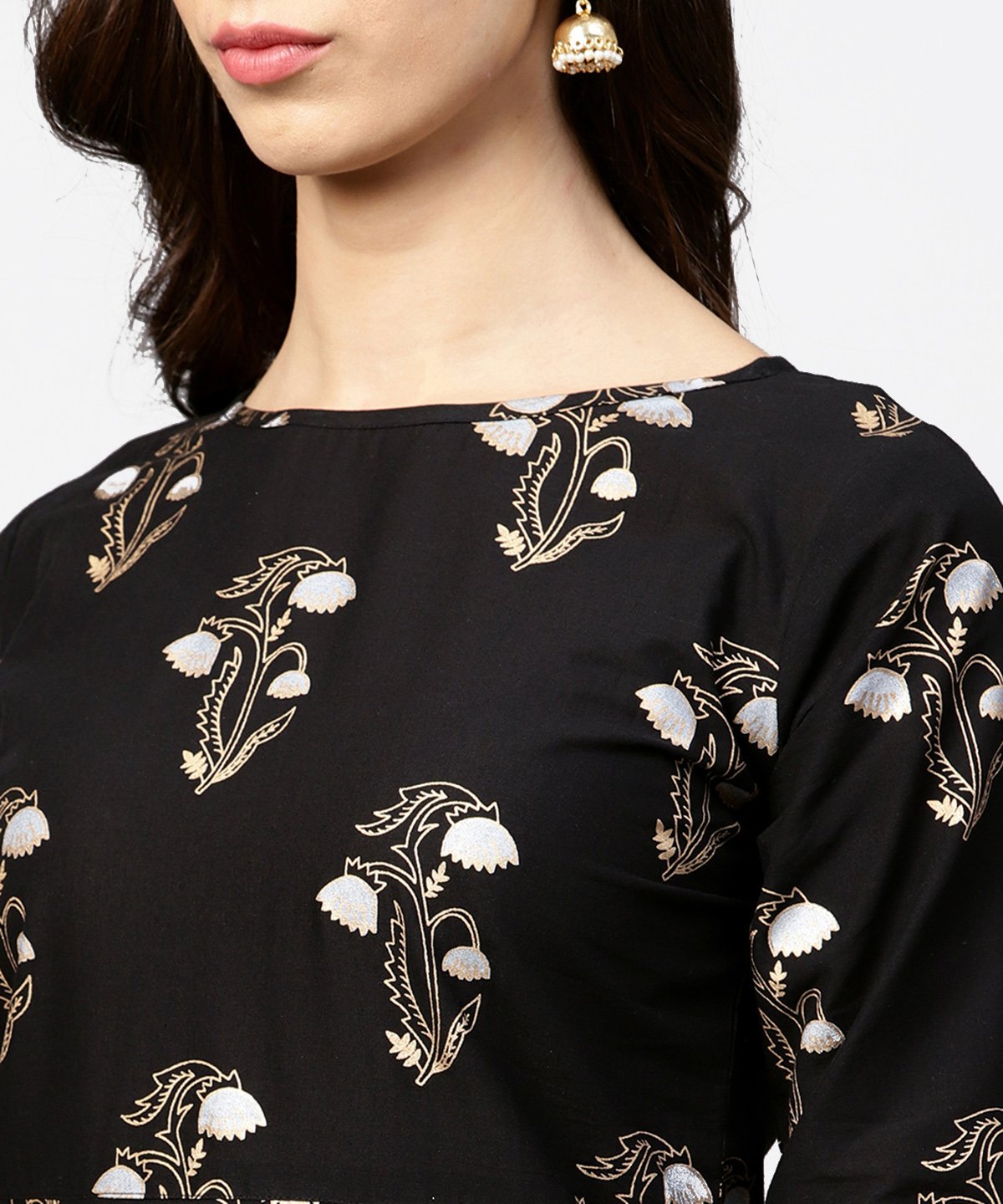 Black Printed 3/4Th Sleeve Cotton Kurta With Printed Skirt | LASVINI - Redefining Indian Fashion with Elegance