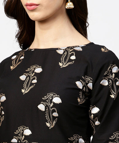 Black Printed 3/4Th Sleeve Cotton Kurta With Printed Skirt | LASVINI - Redefining Indian Fashion with Elegance