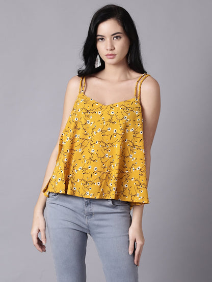 Women Mustard Yellow Casual Printed Shoulder Straps Top | LASVINI - Redefining Indian Fashion with Elegance