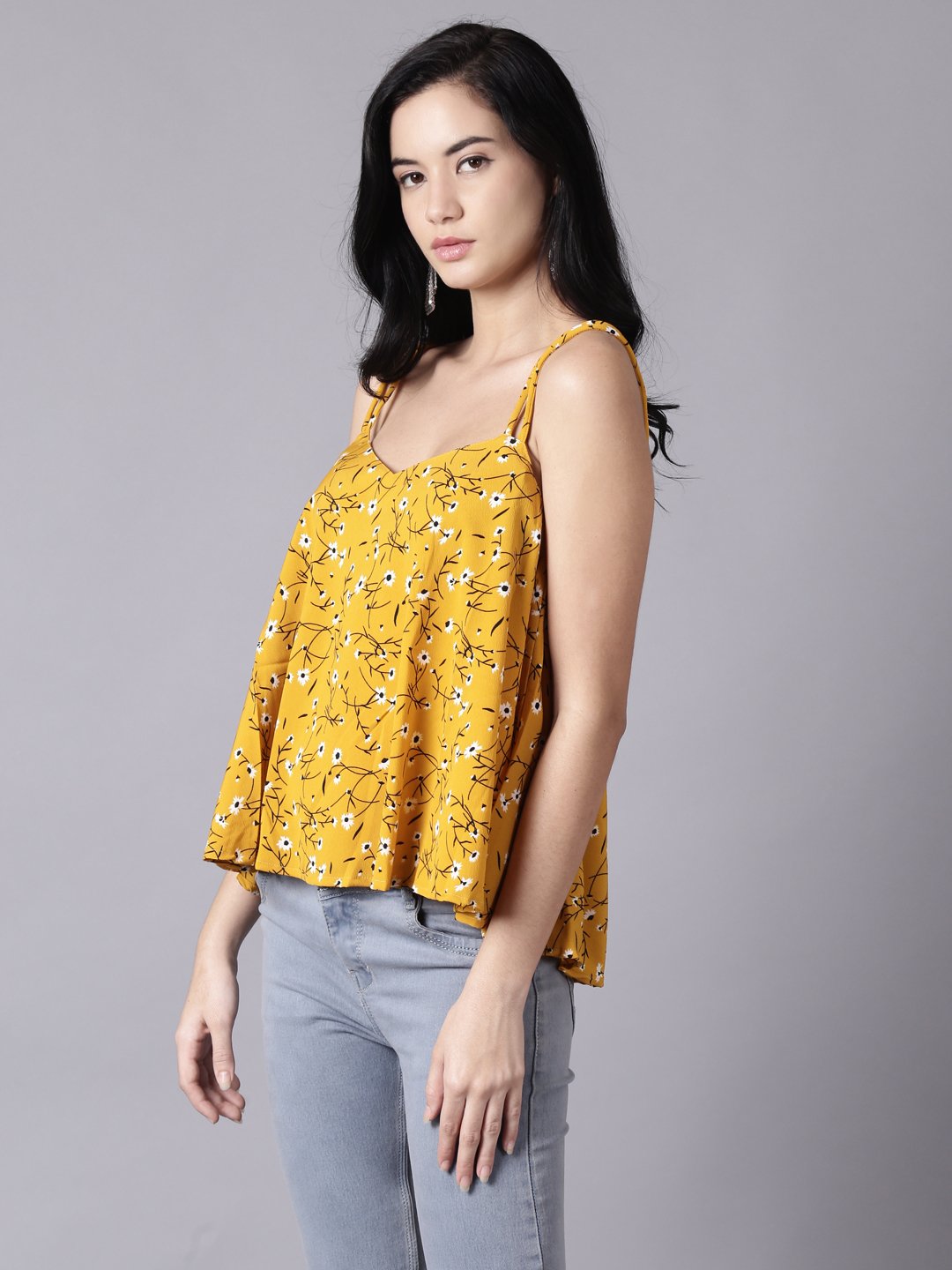 Women Mustard Yellow Casual Printed Shoulder Straps Top | LASVINI - Redefining Indian Fashion with Elegance