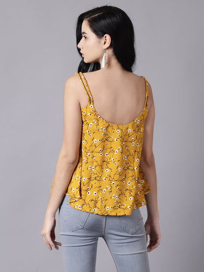 Women Mustard Yellow Casual Printed Shoulder Straps Top | LASVINI - Redefining Indian Fashion with Elegance