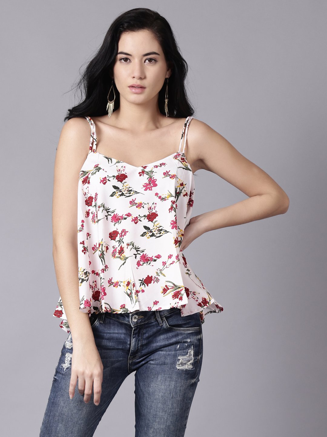 Women White Casual Printed Shoulder Straps Top | LASVINI - Redefining Indian Fashion with Elegance