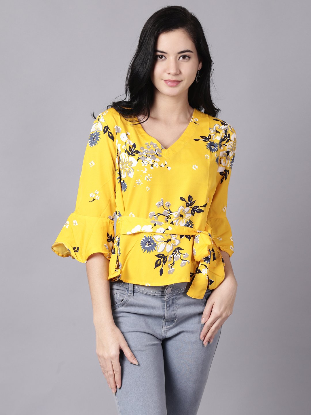 Women Mustard Yellow Casual Printed V-Neck Top | LASVINI - Redefining Indian Fashion with Elegance