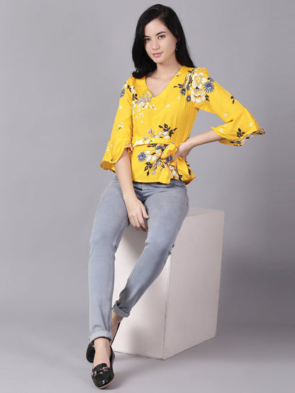Women Mustard Yellow Casual Printed V-Neck Top | LASVINI - Redefining Indian Fashion with Elegance