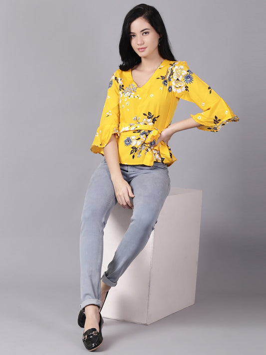 Women Mustard Yellow Casual Printed V-Neck Top | LASVINI - Redefining Indian Fashion with Elegance