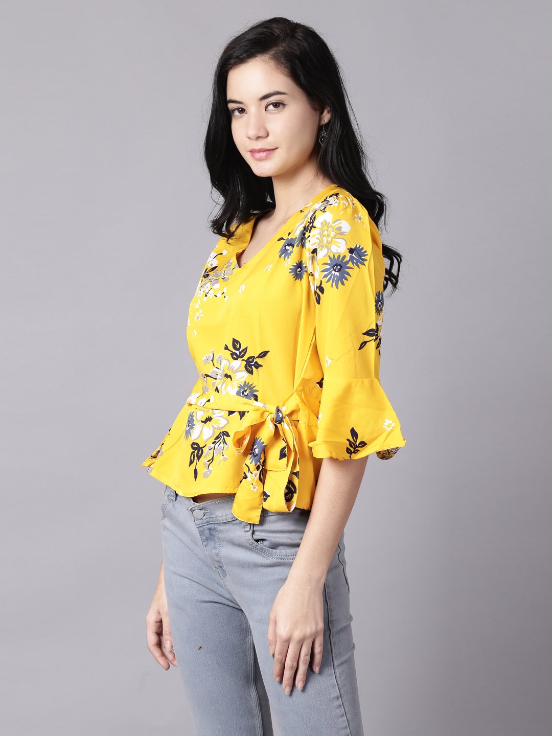 Women Mustard Yellow Casual Printed V-Neck Top | LASVINI - Redefining Indian Fashion with Elegance