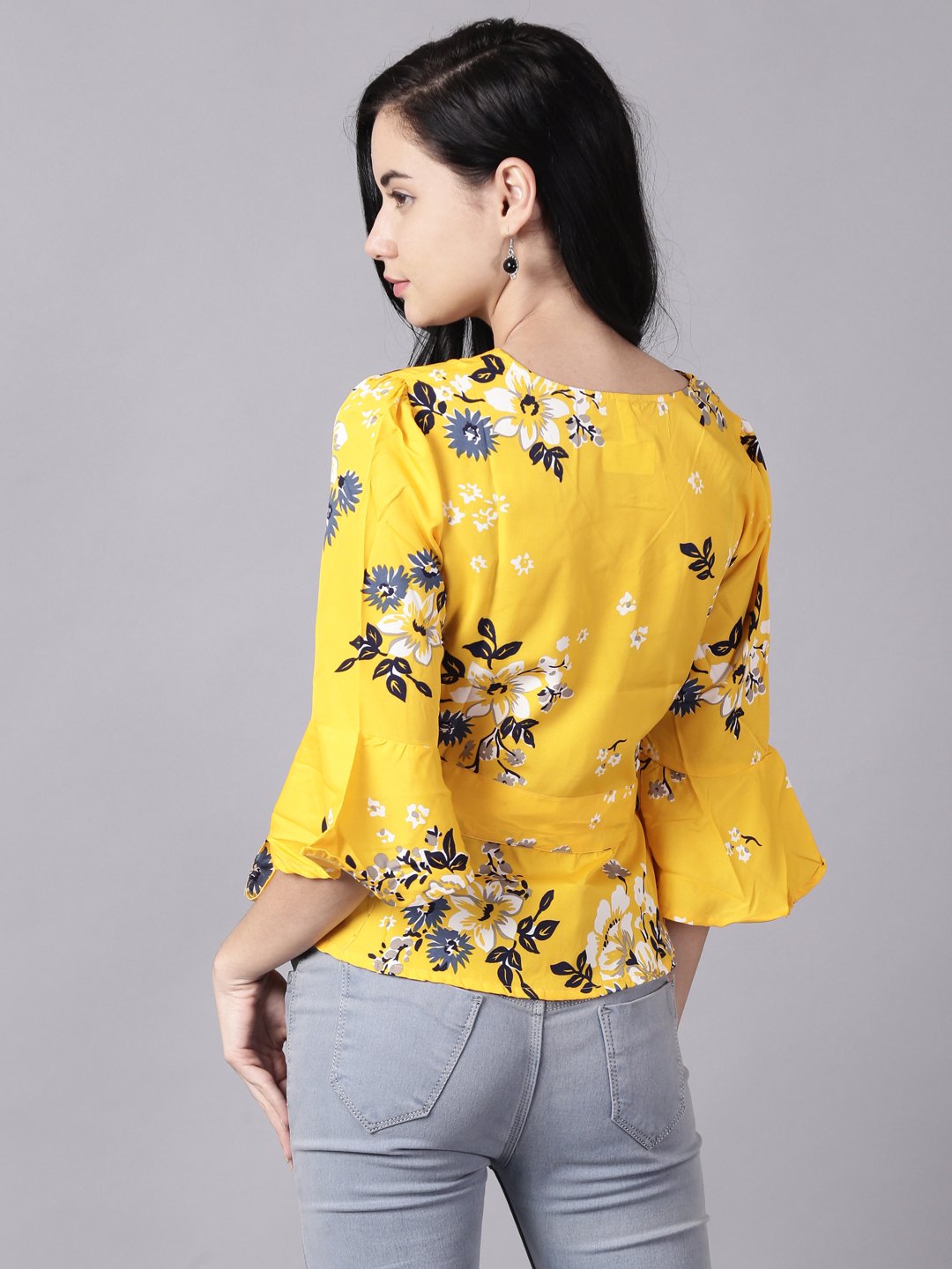 Women Mustard Yellow Casual Printed V-Neck Top | LASVINI - Redefining Indian Fashion with Elegance