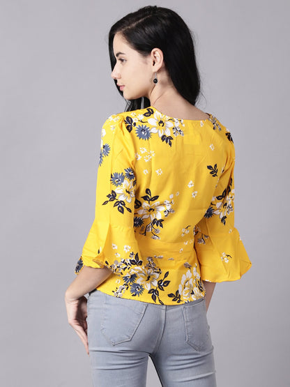 Women Mustard Yellow Casual Printed V-Neck Top | LASVINI - Redefining Indian Fashion with Elegance
