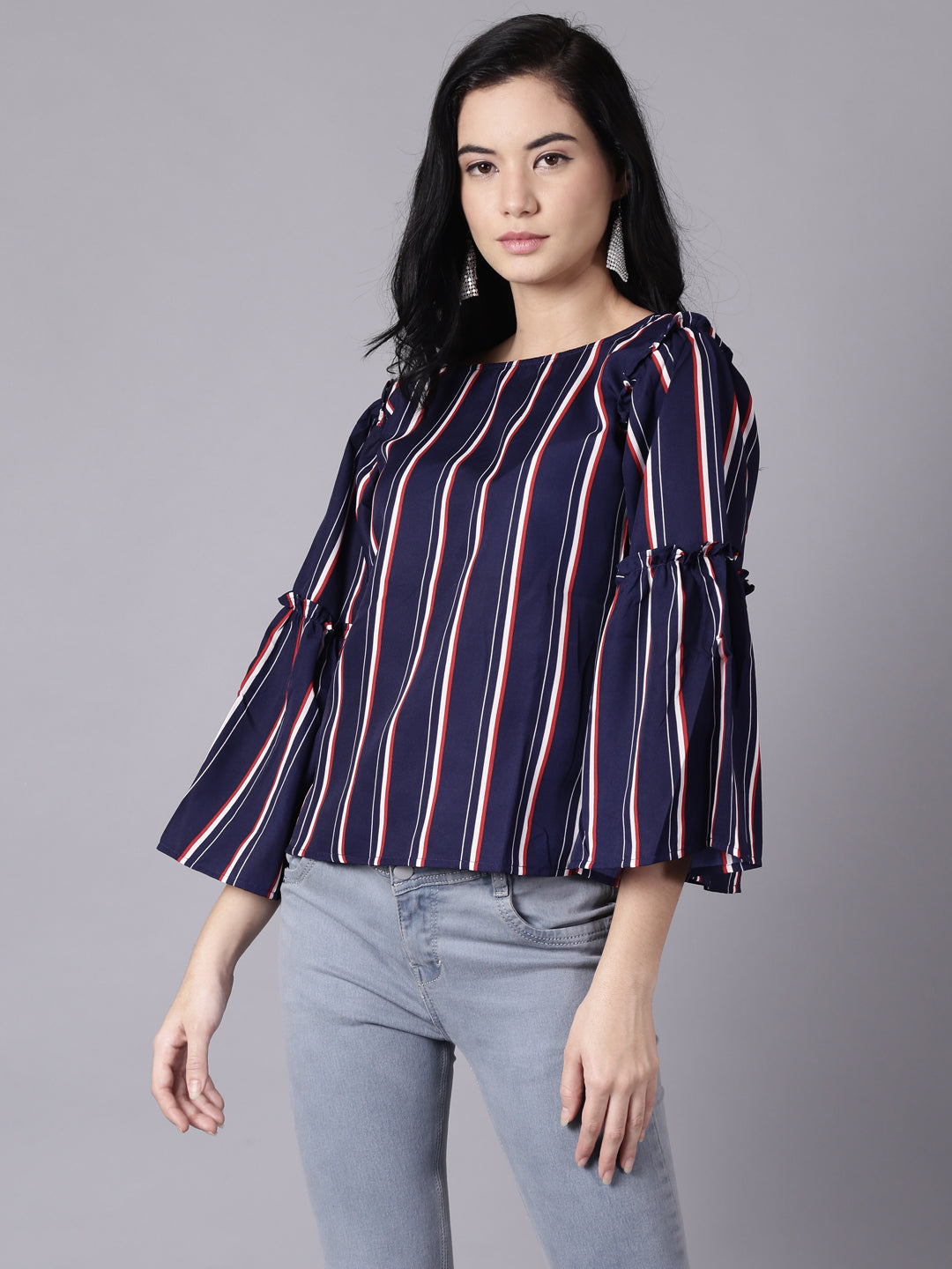 Women Navy Blue Stripes  Printed Top With Three Quarter Sleeves | LASVINI - Redefining Indian Fashion with Elegance