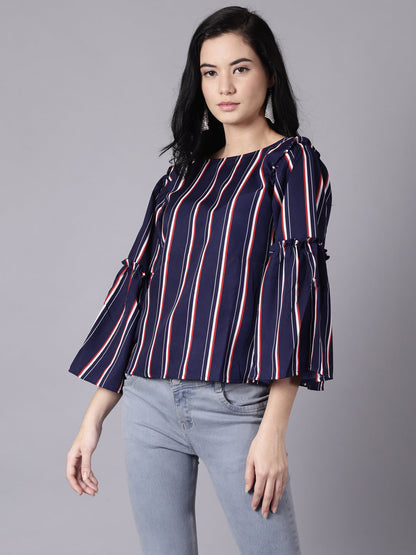 Women Navy Blue Stripes  Printed Top With Three Quarter Sleeves | LASVINI - Redefining Indian Fashion with Elegance
