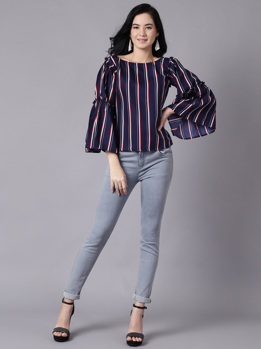 Women Navy Blue Stripes  Printed Top With Three Quarter Sleeves | LASVINI - Redefining Indian Fashion with Elegance