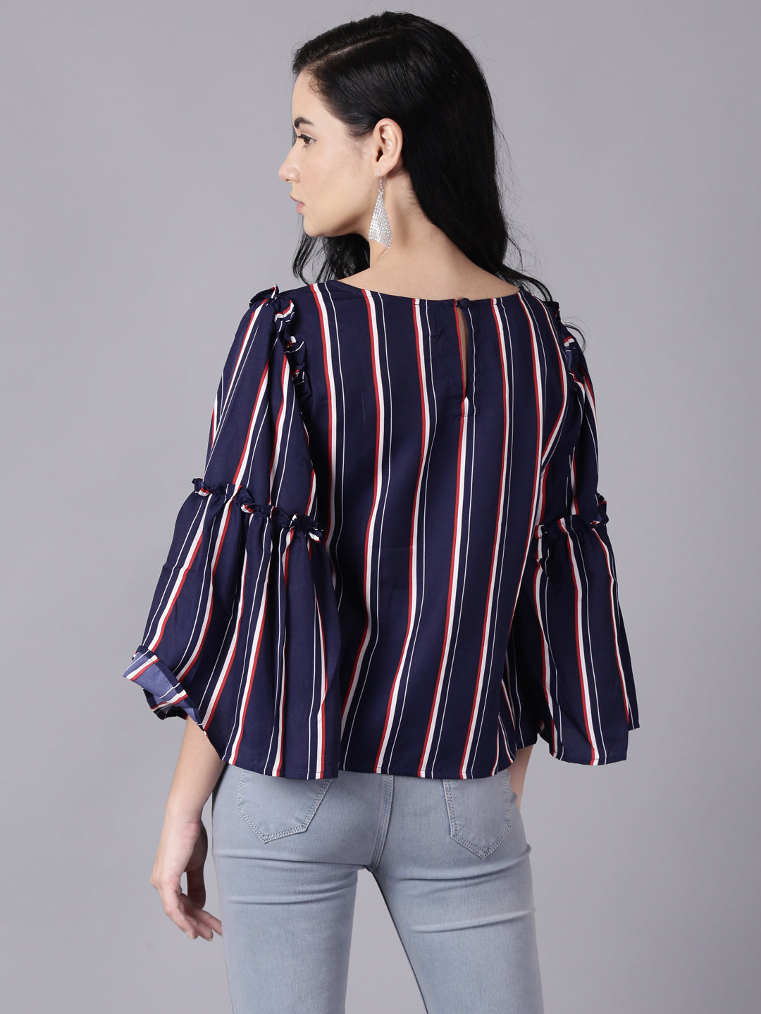 Women Navy Blue Stripes  Printed Top With Three Quarter Sleeves | LASVINI - Redefining Indian Fashion with Elegance