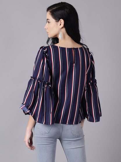 Women Navy Blue Stripes  Printed Top With Three Quarter Sleeves | LASVINI - Redefining Indian Fashion with Elegance