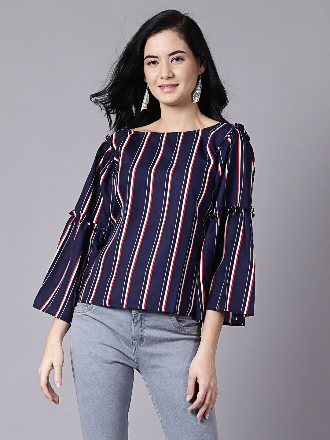 Women Navy Blue Stripes  Printed Top With Three Quarter Sleeves | LASVINI - Redefining Indian Fashion with Elegance