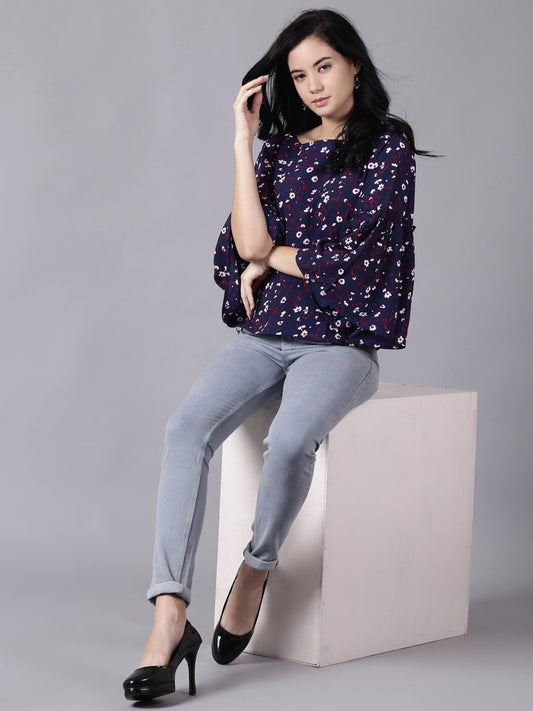 Women Navy Blue Casual Printed Boat Neck Top | LASVINI - Redefining Indian Fashion with Elegance