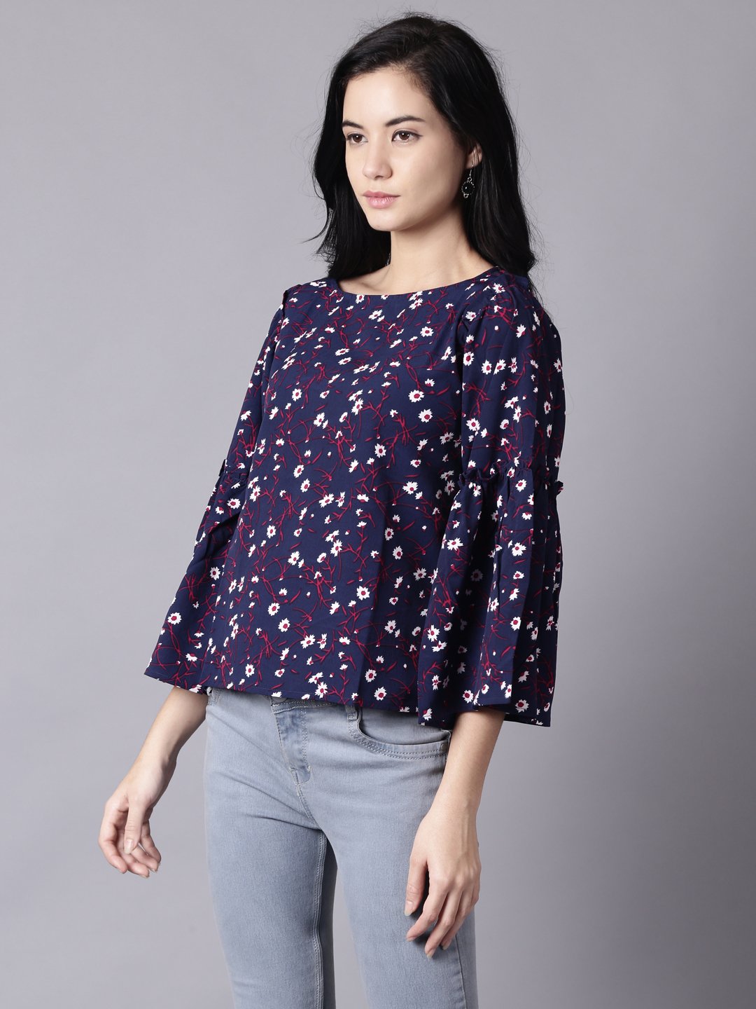 Women Navy Blue Casual Printed Boat Neck Top | LASVINI - Redefining Indian Fashion with Elegance