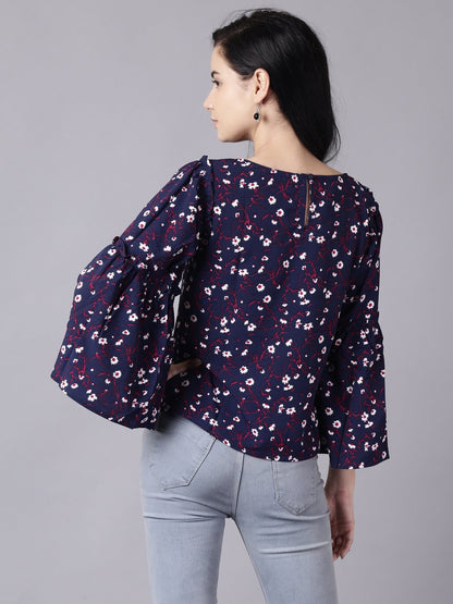 Women Navy Blue Casual Printed Boat Neck Top | LASVINI - Redefining Indian Fashion with Elegance