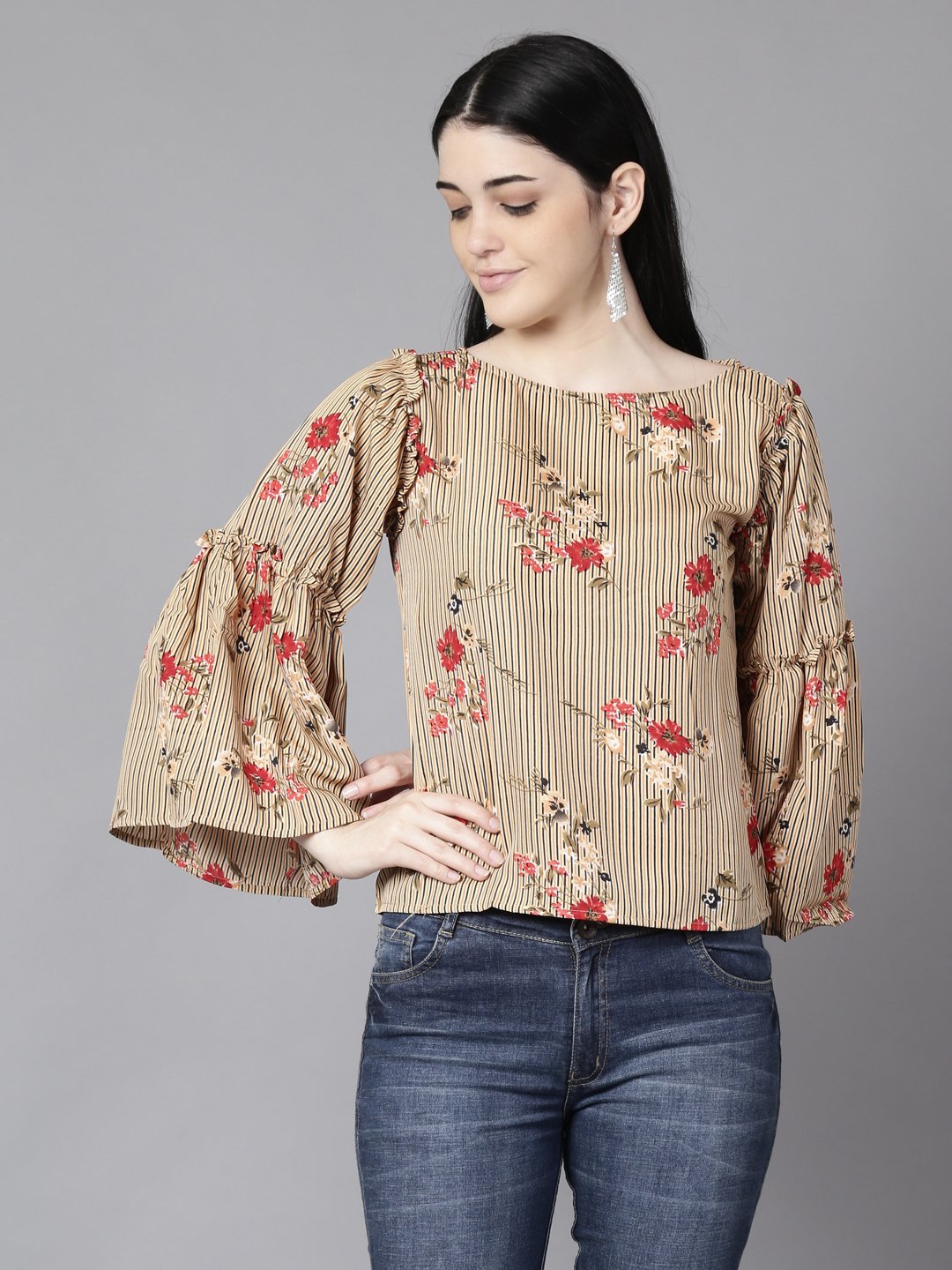 Women Beige Casual Printed Boat Neck Top | LASVINI - Redefining Indian Fashion with Elegance