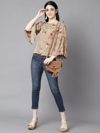 Women Beige Casual Printed Boat Neck Top | LASVINI - Redefining Indian Fashion with Elegance