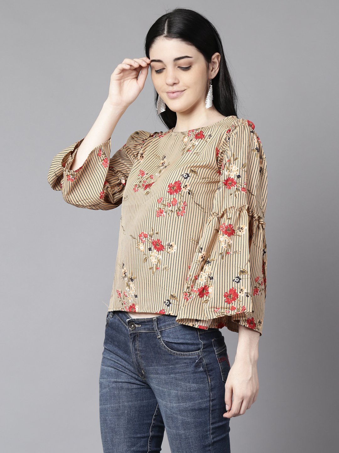 Women Beige Casual Printed Boat Neck Top | LASVINI - Redefining Indian Fashion with Elegance