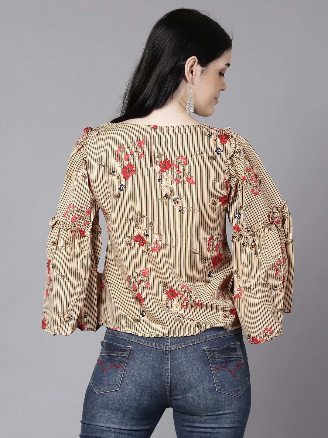 Women Beige Casual Printed Boat Neck Top | LASVINI - Redefining Indian Fashion with Elegance