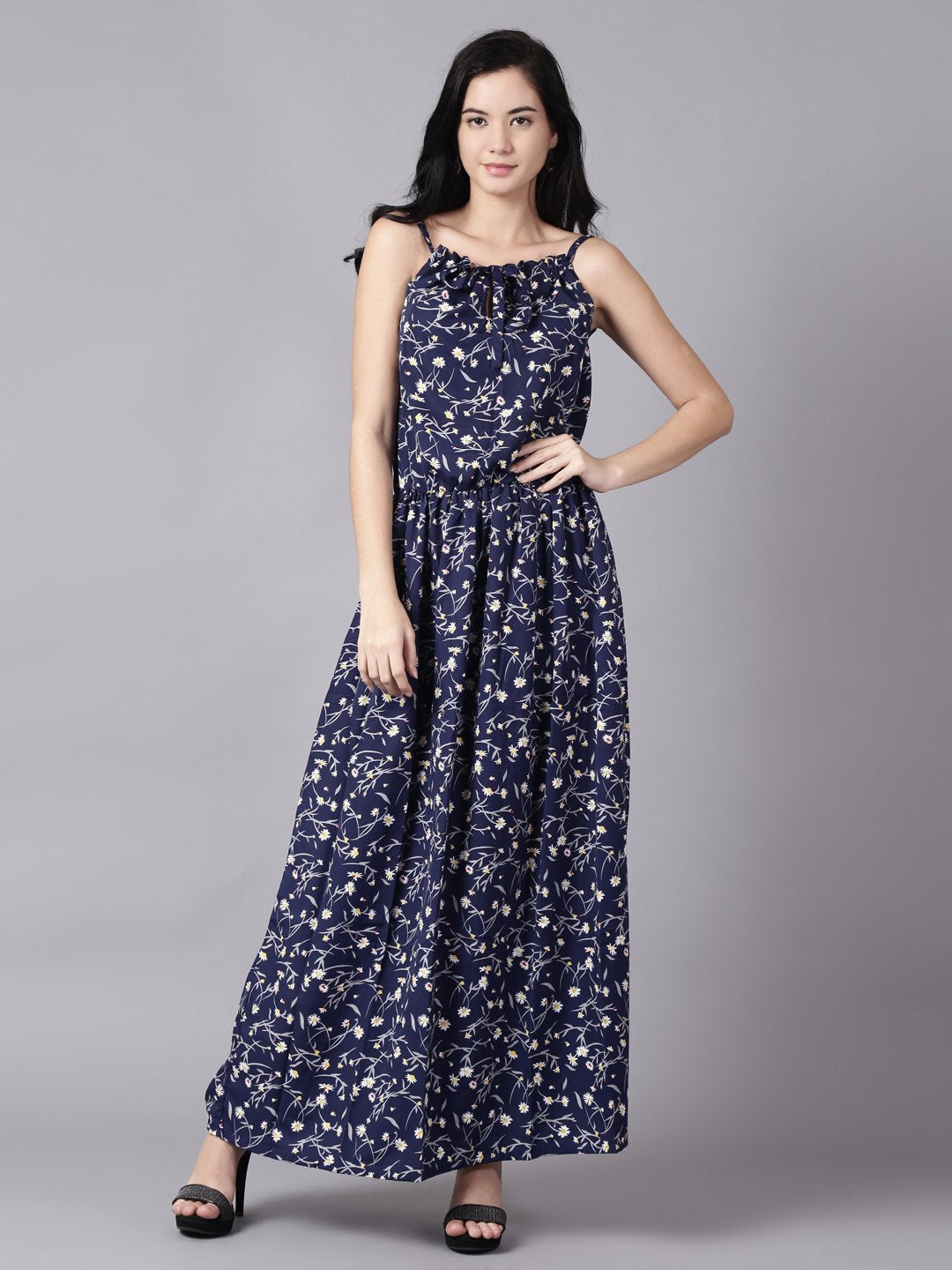 Women Navy Blue Floral Printed Shoulder Straps A-Line Dress | LASVINI - Redefining Indian Fashion with Elegance