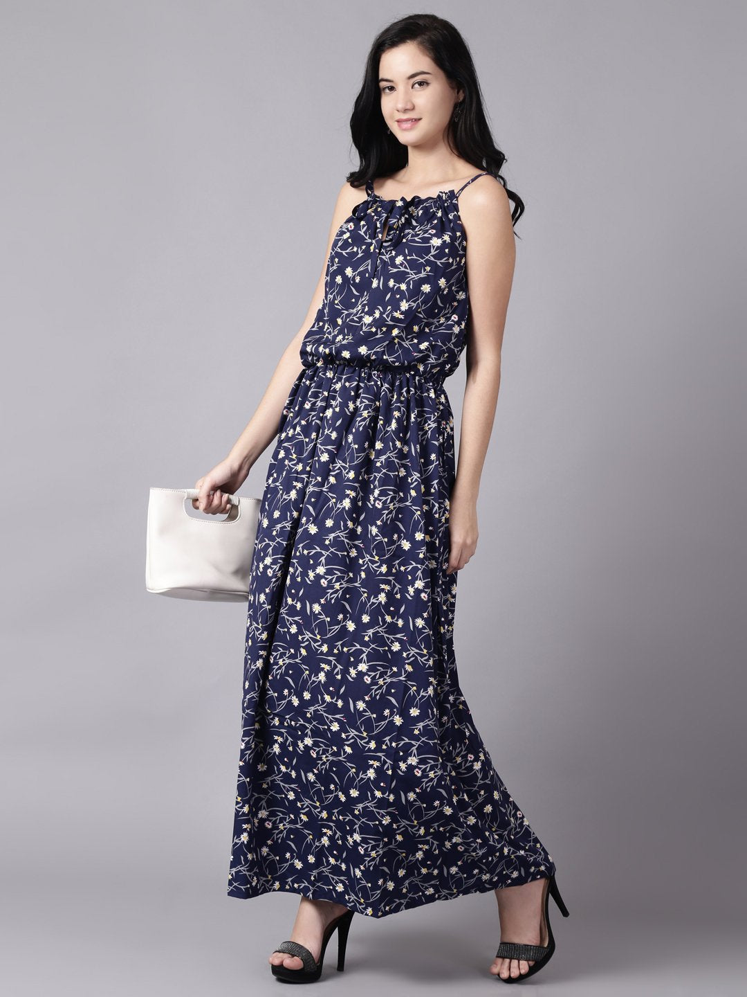 Women Navy Blue Floral Printed Shoulder Straps A-Line Dress | LASVINI - Redefining Indian Fashion with Elegance