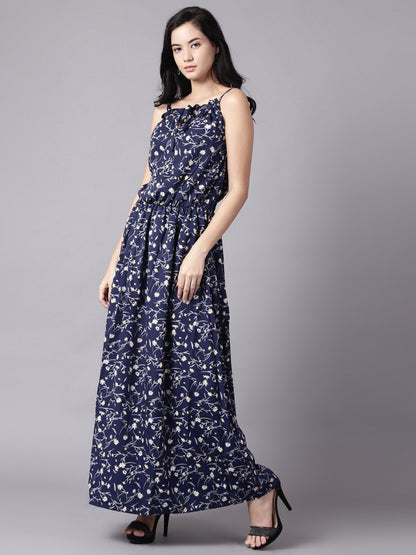 Women Navy Blue Floral Printed Shoulder Straps A-Line Dress | LASVINI - Redefining Indian Fashion with Elegance