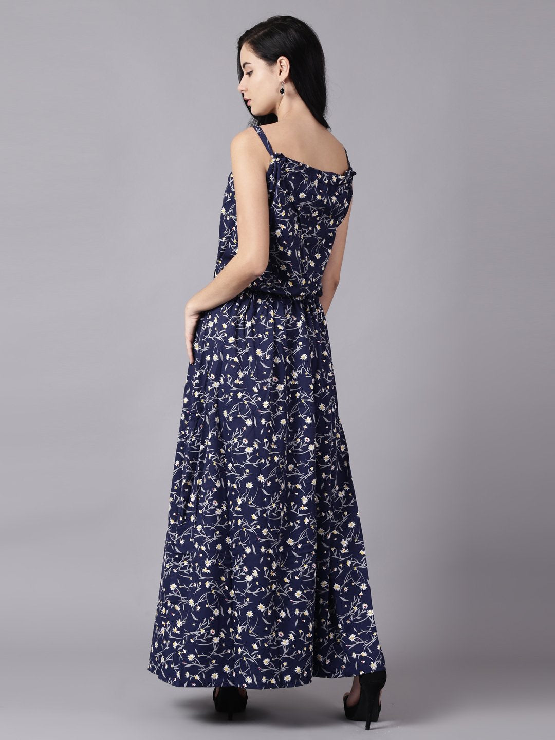 Women Navy Blue Floral Printed Shoulder Straps A-Line Dress | LASVINI - Redefining Indian Fashion with Elegance