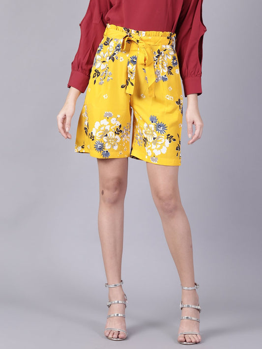 Women Mustard Yellowslip-On Printed  Polyester Shorts | LASVINI - Redefining Indian Fashion with Elegance